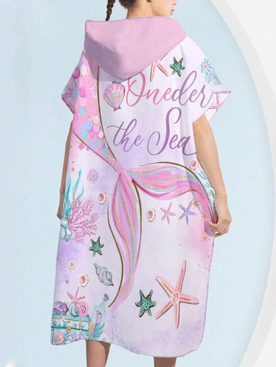 1pc Mermaid Pattern Parent-Child Hooded Bath Towel, Modern Microfiber Rectangular Absorbent Changing Robe Multifunctional Towel For Indoor, Bathroom, Outdoor, Beach