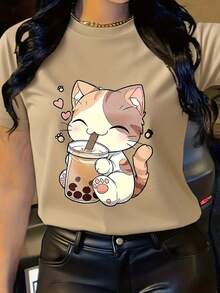Boba Women's Cat Print T-Shirt - Casual Short Sleeve Crew Neck Top With A Kawaii Tapioca Design And Heart-Shaped Paw Print - A Gift For Cat Lovers And Fans Of Kawaii Style. - 杏色 - 查看 5