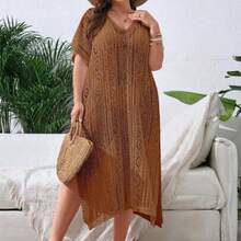 Swim Lushore Plus Size Hollow Out Split Thigh Cover Up Dress Without Bikini Summer - Marrón - Ver 1