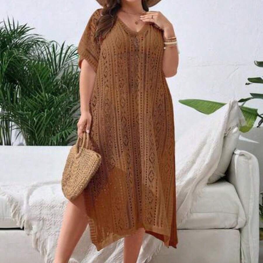 Swim Lushore Plus Size Hollow Out Split Thigh Cover Up Dress Without Bikini Summer - Marrón - Ver 1