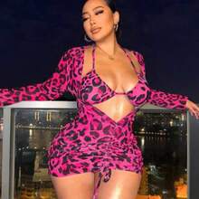 Swim  Plus Size Leopard Print 3-Piece Bikini Set For Beach In Summer - Rosa Fucsia - Ver 1