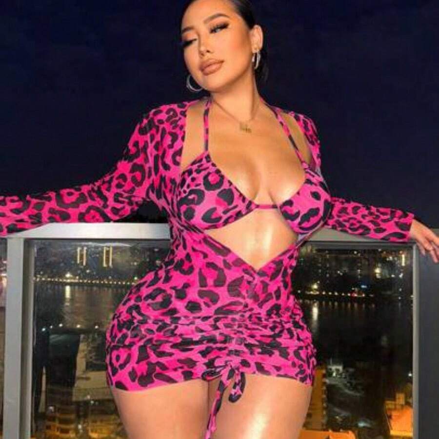 Swim Plus Size Leopard Print 3-Piece Bikini Set For Beach In Summer - Rosa Fucsia - Ver 1