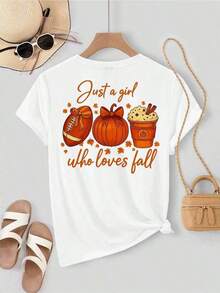 Camiseta Gráfica de Otoño para Mujer, Camiseta de Algodón de 220 g/m² con Estampado de Doble Cara, Cuello Redondo, Estilo Casual (1 Pieza) - Blanco - Ver 4