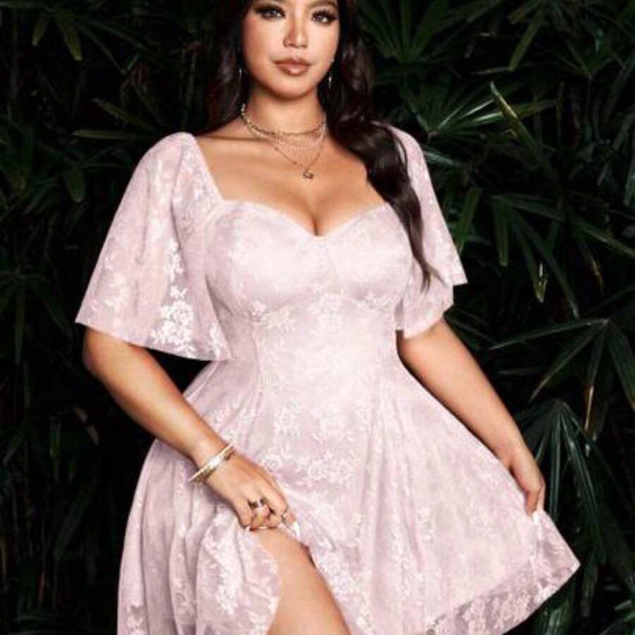 Sunspun Plus Size Women Fashion Romantic Elegant Sweetheart Collar Mesh Short Dress - Rosa - Ver 1