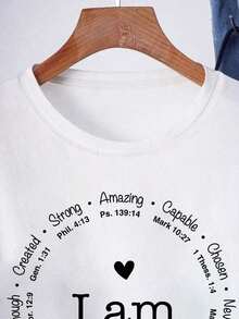 Camiseta Casual de Manga Corta con Cuello Redondo y Estampado de Letras para Mujer, Camisetas Gráficas para Uso Diario, Tops para Mujer, Navidad - Blanco - Ver 3