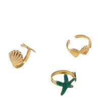 Bộ 3 chiếc nhẫn kim loại hình sao biển và vỏ sò, có thể điều chỉnh kích cỡ, phù hợp cho nữ giới đeo hàng ngày và dự tiệc, trang sức mùa hè. - Vàng - Xem 3
