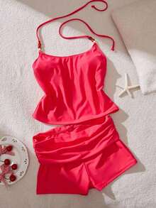 Conjunto de tankini de contraste de color para mujer/ropa de playa/casual/estilo Y2K/básico/vuelta al colegio vacaciones de verano - Rojo - Ver 3