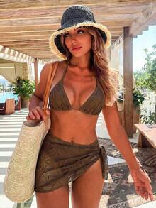 Conjunto de 3 piezas de traje de baño de bikini de unicolor y estilo sexy de halter para mujeres, conjunto de traje de baño, para vacaciones de verano en la playa - Marrón - Ver 4