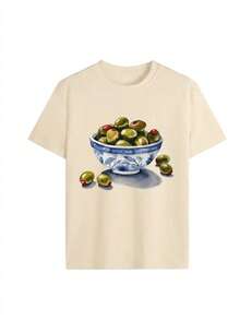 Vintage Olive Bowl Graphic Tee, Watercolor Food Art Print T-Shirt, Coquette Cottagecore Aesthetic Casual Short Sleeve, Trendy Whimsical Foodie Top - Albaricoque - Ver 3