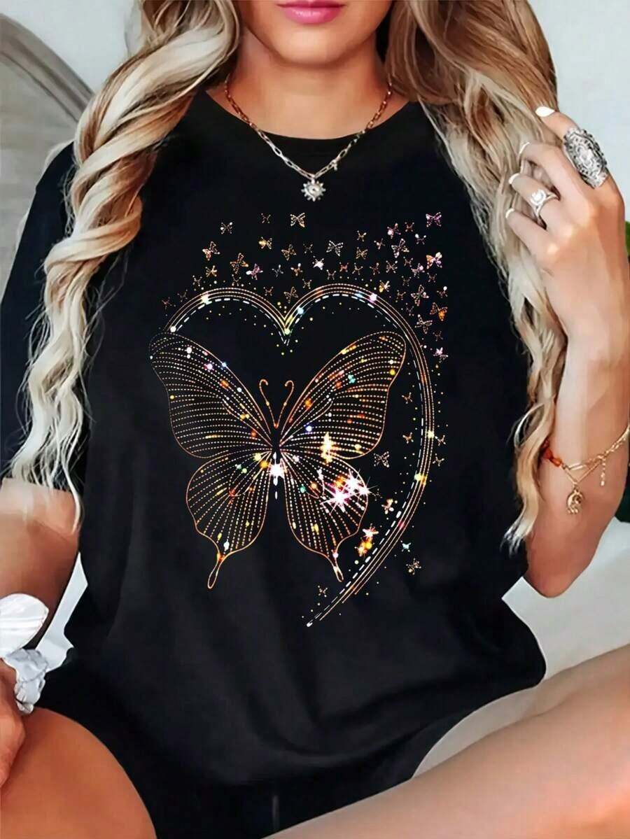 Women's Cotton T-Shirt With Round Neck And Graphic Print, Available In Black And White, Featuring A Butterfly, Heart, And Glitter Star Design. Casual Wear, Loose-Fitting Short-Sleeved T-Shirts For Spring, Summer Basic T-Shirts, And A Great Gift For Women. - 黑色 - 查看 1