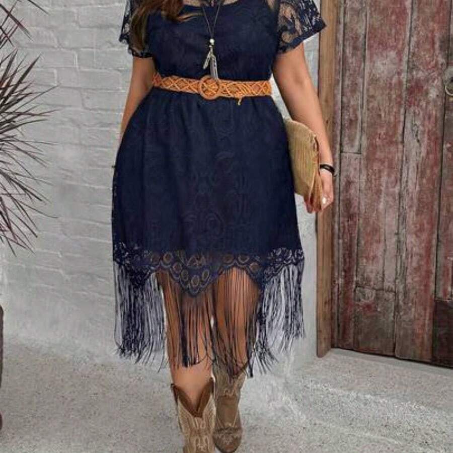 LUNE Plus Size Lace Fringe Hem Vacation Dress For Summer,Beach Dress Sundress,Holiday Outfits Boho - Azul Marino - Ver 1