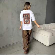 Camiseta de manga corta estilo BF con estampado americano, holgada y retro, 100% algodón, estilo europeo y americano de moda, juvenil y de nicho, para mujer. - Negro - Ver 5