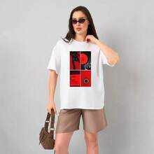 Camiseta de manga corta de algodón puro, única, moderna, retro, de nicho, de alta gama, estampada, nueva para el verano, ropa casual para mujer. - Negro - Ver 5