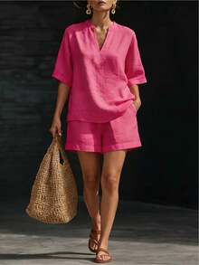 Women's Linen Blend Two-Piece Set With Half Placket Top And Elastic Waist Shorts - 玫紅色 - 查看 5