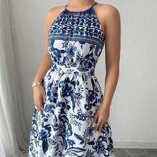 Women's Elegant Fashion Charming Beach Resort Casual Vacation Sleeveless Halter Waist Cinched Floral Print Maxi Dress (Random Floral Print) - Azul y blanco - Ver 5