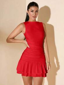 Vestido mini ajustado de mujer de color blanco liso sin mangas con volantes en la cintura y falda acampanada.Vestido de Body entero con capas para el verano, otoño e invierno - Rojo - Ver 4