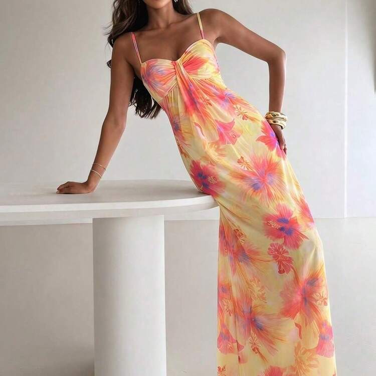 Women's Summer Beach Vacation Maxi Dress Loose Dress Elegant Floral Print Spaghetti Strap Apricot Dress Summer Dresses For Women,Graduation,Teacher Outfits For Women,Teacher Dress,Romantic Dress,Elegant Party Dresses,Casual Long Dresses - Verde - Añade 8