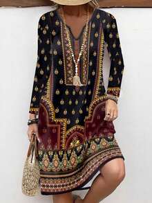 Autumn/Winter New Arrival Popular Fashionable Casual Vacation Style Mother's Day Elegant Lady Versatile Slim Fit Outdoor/Indoor/Travel/Work Preferred Vintage Peris Floral Print Women Dress Black - Black - View 3