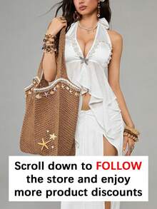 Personalized Slouchy Fashion Simplicity Leisure And Versatile Shoulder Tote Bag, Holiday Decorated Starfish Shells, Large-Capacity Retro Shoulder Straw Bag, Suitable For Daily Travel, Travel And Vacation, Etc. - Khaki - View 4