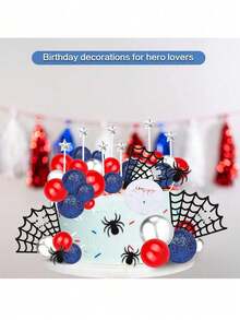 37pcs Spider Theme Cake Decorations, Red & Blue Foam Balls, Happy Birthday Decor, Star Spider Web Decorations, Perfect For Men's Birthday Cake Decor And Hero Theme Cake Decor (Please Use With White Sticks, Do Not Touch Cake Directly) - Multicolor - View 6