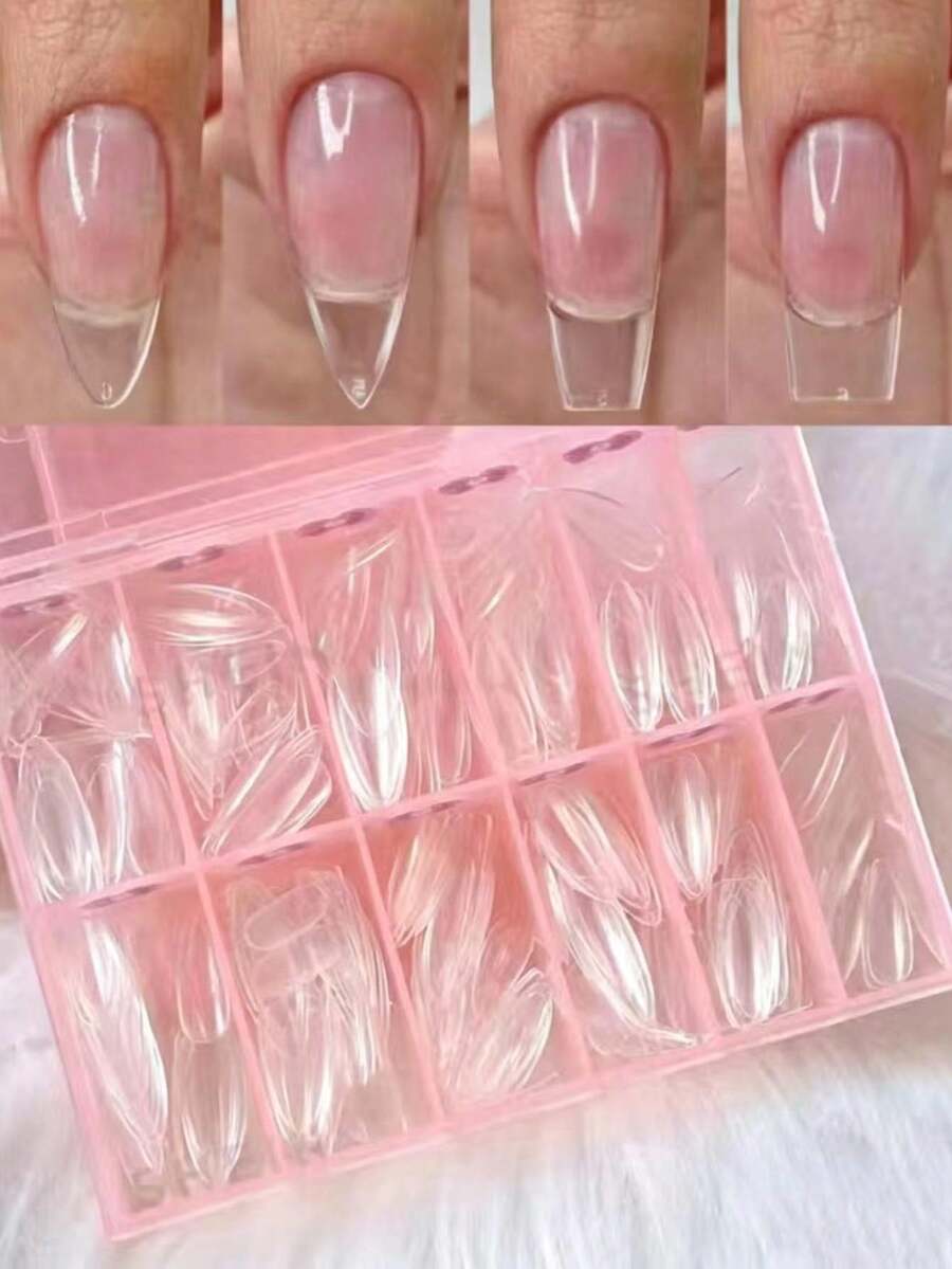 240pcs Semi-Matte Transparent Almond Shaped Artificial Nails, Mixed Sizes Full Cover Press-On Nail Tips - Multicolor - View 1