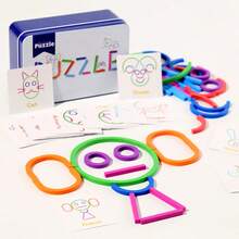 1 Set Multi-Color Tin Box Geometric Ring Puzzle, DIY Shaping Building Blocks, Includes 30 Double-Sided Cards | Montessori Educational Learning Activity Toy, Suitable For Preschool Children, Develops Hands-On Ability And Imagination | Portable Storage Travel Toy, Interactive Family Game | Brain Development Cognitive Gift Toy For Children - 彩色 - 查看 1