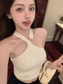 新款春夏性感简约修身吊带针织吊带背心 - 杏色 - 查看 5