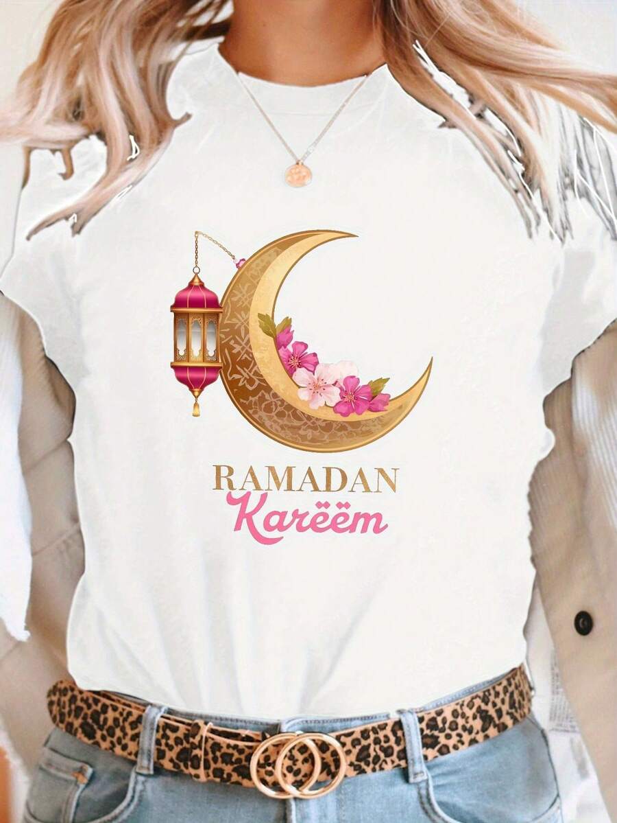 Camiseta con estampado de diseño vintage Ramn Kareem, manga corta y cuello redondo, top casual para verano y primavera, ropa de mujer