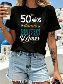 Camiseta con estampado de carta de 50 cumpleaños, Top casual de manga corta con cuello redondo para verano y primavera, Ropa de mujer - Negro - Ver 2