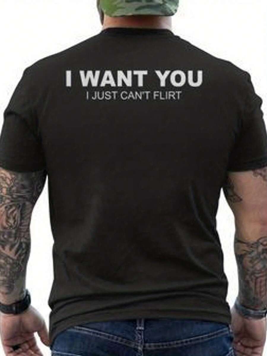Summer I Want You I Just Can't Flirt Men's T-Shirt With Back Print - Men's T-Shirt With Back Print - Cotton - Crew Neck - Comfortable And Breathable Fabric - Short Sleeves - Men's T-Shirt With Back Print - Cotton - Crew Neck - Comfortable And Breathable Fabric - Short, Loose And Comfortable For Summer - Back - View 1