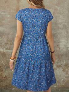 Vestido midi de manga corta, cuello redondo y corte holgado para mujer, adecuado para el verano - lago azul - Ver 2
