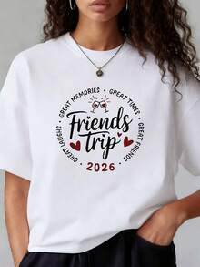 A Modern And Minimalist T-Shirt With A Commemorative Letter Print Celebrating A Trip With Friends. This Short-Sleeved White Tee For Women Is Perfect For Holiday Gifts, Shopping, Get-Togethers, And Outings. Fashionable, Stylish, And With A Retro Feel, It's Suitable For Spring, Summer, And Fall. The Sleek Design Is Versatile And Durable For Everyday Wear. The Fabric Is , And The Style Is Casual And Simple. It's Flattering And Slimming When Worn As Outerwear And Simple And Elegant When Worn As Undergarments. A Basic, Casual, And Everyday T-Shirt. - 白色 - 查看 7