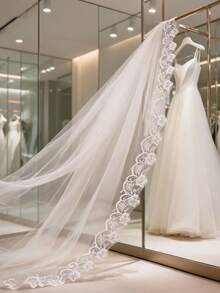 1pc Ivory Embroidered Elegant Cathedral Train Long Soft Mesh Veil, 2025 Lace Bridal Veil Fall Clothes For Women - White - View 9