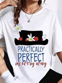 1 Piece Women's Graphic T-Shirt, Practically Perfect In Every Way, Casual Daisy Hat Design Tee, Summer Outfit For Everyday Wear, It's A Perfect Gift T-Shirt For Friends And Family On Any Holiday Or Special Occasion, 180g 100% Cotton - 白色 - 查看 1