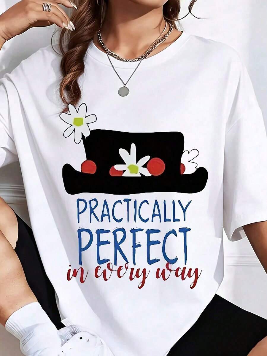 1 Piece Women's Graphic T-Shirt, Practically Perfect In Every Way, Casual Daisy Hat Design Tee, Summer Outfit For Everyday Wear, It's A Perfect Gift T-Shirt For Friends And Family On Any Holiday Or Special Occasion, 180g 100% Cotton - 白色 - 查看 1