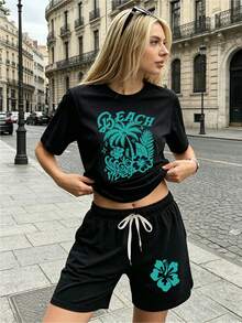 Women's Casual Minimalist Daily Graphic Loose T-Shirt And Shorts 2 Pieces Set, Teal Beach Vacation Printed Tee With Matching Hibiscus Shorts Set Outing Top And Shorts Set, Suitable For Dates, Gatherings, Parties, Graduation, Birthday, Vacation, Mother's Day Summer, Women Clothes, T-Shirt And Shorts Set For Summer - 黑色 - 查看 1