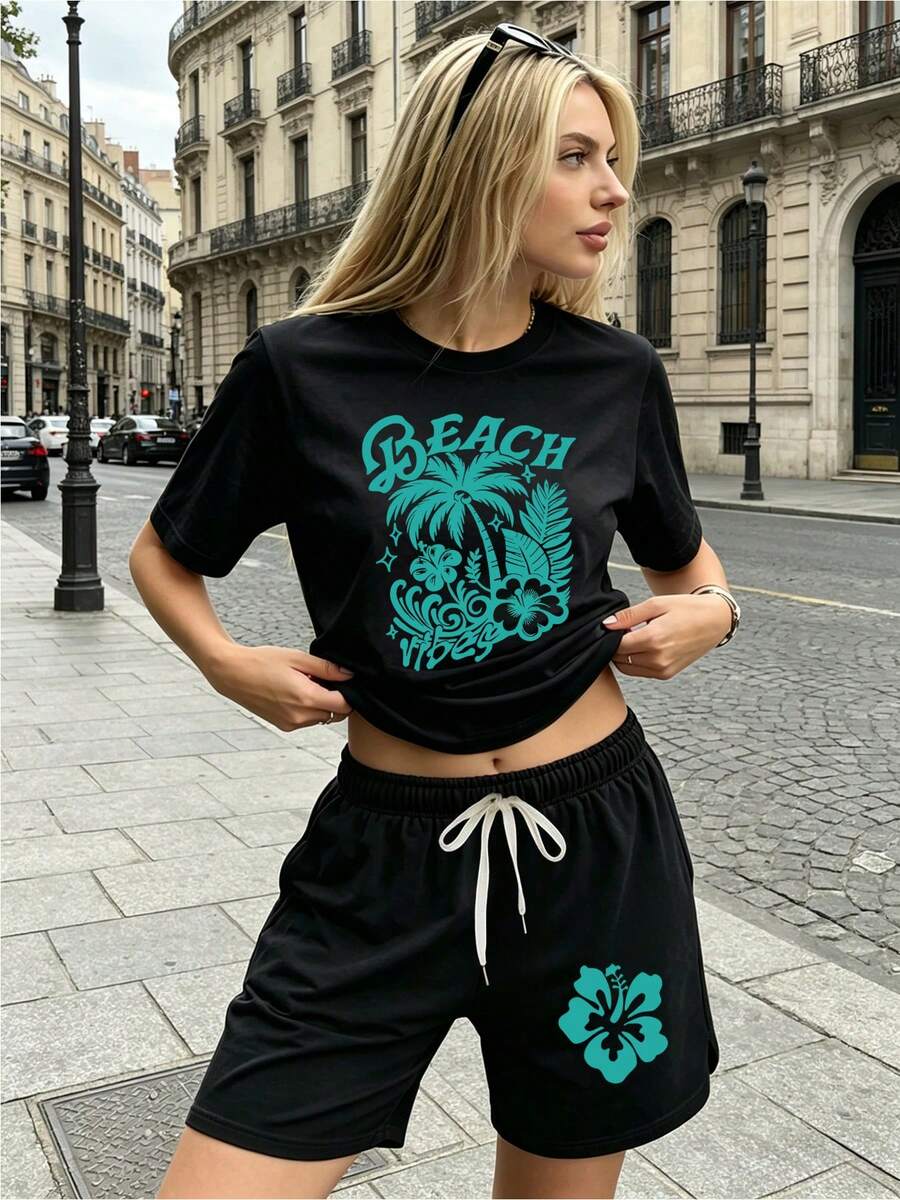 Women's Casual Minimalist Daily Graphic Loose T-Shirt And Shorts 2 Pieces Set, Teal Beach Vacation Printed Tee With Matching Hibiscus Shorts Set Outing Top And Shorts Set, Suitable For Dates, Gatherings, Parties, Graduation, Birthday, Vacation, Mother's Day Summer, Women Clothes, T-Shirt And Shorts Set For Summer - 黑色 - 查看 1