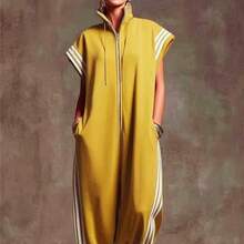 2026 Women's High Neck Zipper Striped Color Block Jumpsuit Fashion Casual Long Pants Romper European And American Style - 深藍色 - 查看 4