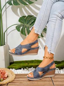 Sandales compensées à lacets confortables pour femmes grande taille - Bleu azur - Voir 2