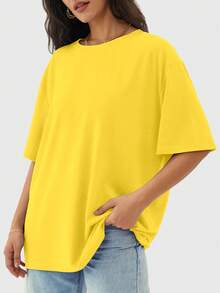 Speed mate Women's Loose T-Shirt Short Sleeve Round Neck Top, Casual Y2K Shirt, Basic Style For Summer Sports - Yellow - View 3