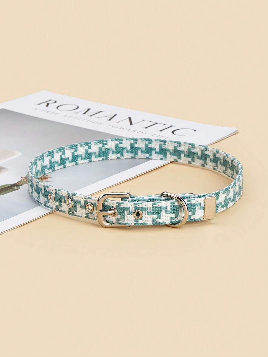 Un collar de cuero PU con estampado de pata de gallo verde, simple y elegante, para gatos y perros, accesorio para mascotas, adecuado para perros de tamaño mediano y pequeño como Teddy y Bichon para salidas durante todo el año. - Verde - Ver 1