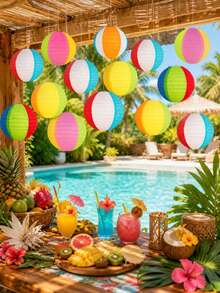 15pcs Pool Party Decorations, Beach Ball Paper Lanterns, Hawaiian Theme Hanging Decor For Home, Birthday, Outdoor & Indoor - Multicolor - View 3