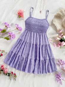 Vestido Casual de Tanque Halter Cuello con Dobladillo Plisado unicolor para Mujeres en Verano - Morado 2 - Ver 7