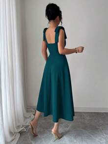 elegante y romántico para mujer con lazo decorativo en la cintura y corte evasé sin mangas - Agua verde azul - Ver 2