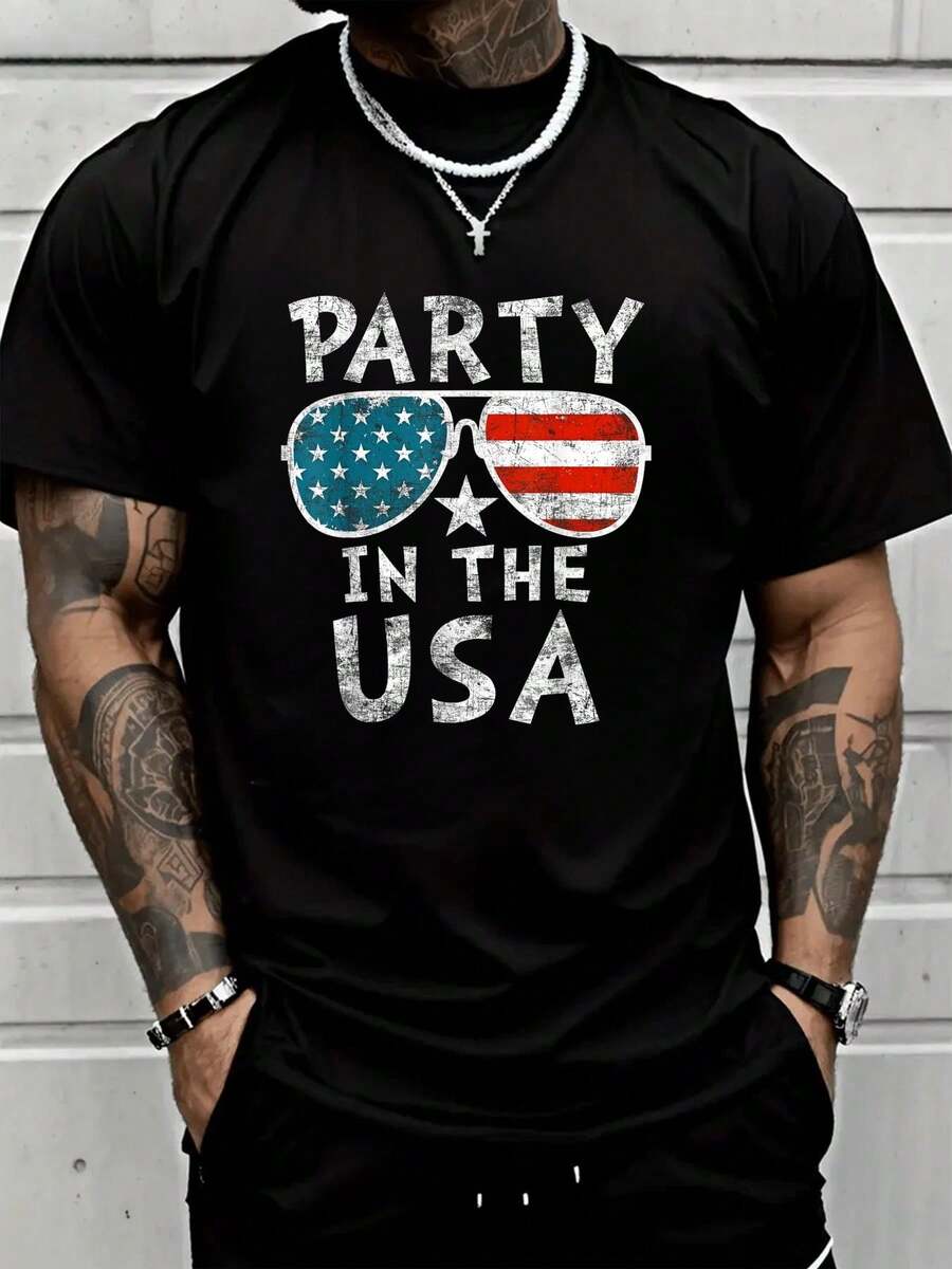 American Flag Party In USA 4th July Patriotic  Teen Girl T-Shirt -Shirt Halloween Pumpkin Thanks Giving Family Funny Christmas Graphic Casual Autumn Tee Tops Men's T Shirt - màu đen - Xem 1