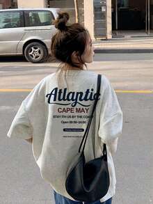 Women's Fashion Loose Casual Round Neck Letter Slogan Print Short Sleeve T-Shirt, Versatile For Summer - Light Gray - View 1