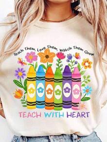 Cotton And Breathable | Teacher Appreciation T-Shirt - Heart Teaching Graphic, Pastel Colors - Soft And Breathable Cotton Daily Gift For Teachers For Teacher's Day, Back To School - Casual Clothing For Teachers, Unisex Summer Top LKGW - 白色 - 查看 6