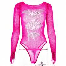Rhinestone Sheer Mesh Lingerie Costume Set, Sparkling Hot Drill Decor Design, Pure Aesthetic See Through Perspective Style, Elegant Dance Performance Outfit, Soft Stretchy Skin Fabric, Seductive Fitted Tailored Cutting, Glamour Shiny Rhinestone Accents, Flirty Boudoir Tempting, Multi Purpose Themed Uniform Wear, Lightweight Breathable Daily Loungewear, Romantic Intimate Bedroom Attire,  Stylish Stage And Lounge Costume For Women - T330螢光玫紅簡裝 - 查看 12