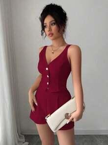 de 2 piezas de top con botones delanteros y dobladillo con abertura + shorts de unicolor casual y de uso diario para mujer - Burdeos - Ver 8