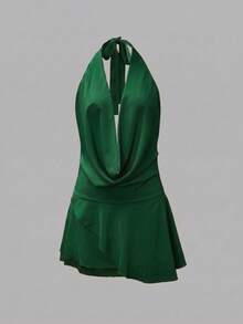 2026 Spring/Summer New Fashion Chiffon Draped Neck Low-Cut Multi-Layer Ruffle Tie-Front Backless Mini Dress, Suitable For Beach, Elegant, Sexy, Vacation, Beach, Hawaii, Date, Party, Music Festival, Graduation Ceremony, Prom - Green - View 8